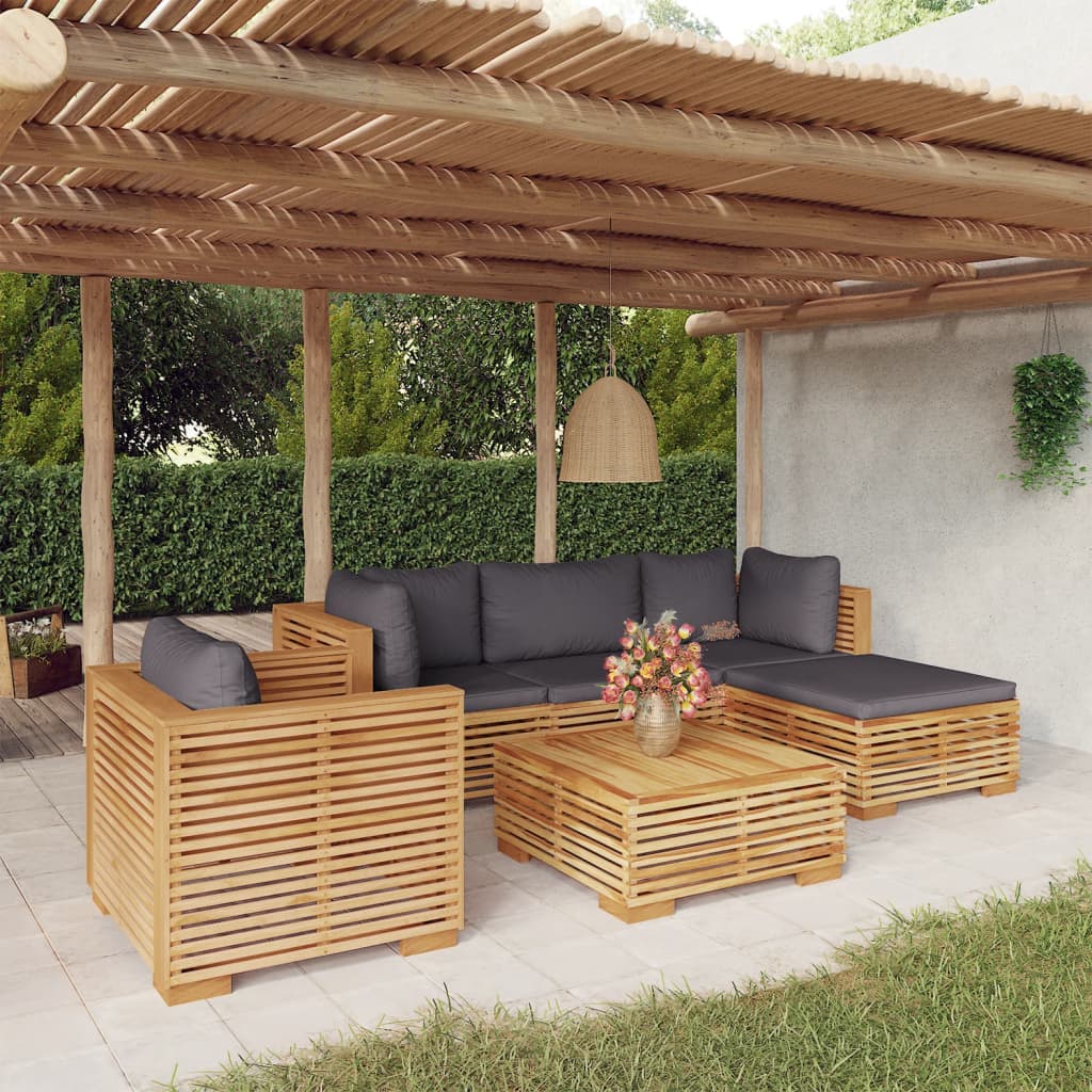 -Delige Loungeset Met Kussens Massief Teakhout 6 Donkergrijs 2x hoek + midden + Fauteuil + 2x voetensteun