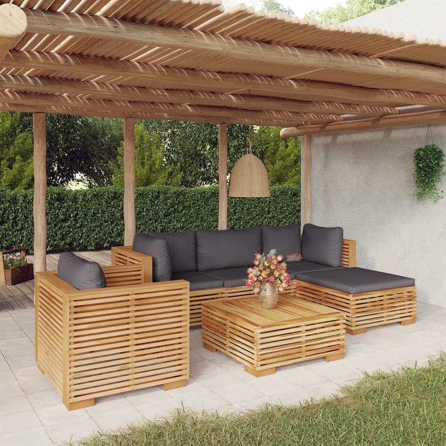 -Delige Loungeset Met Kussens Massief Teakhout 6 Donkergrijs 2x hoek + midden + Fauteuil + 2x voetensteun