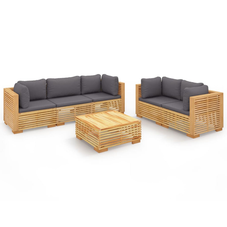-Delige Loungeset Met Kussens Massief Teakhout 6 Donkergrijs 4x hoek + midden + Tafel