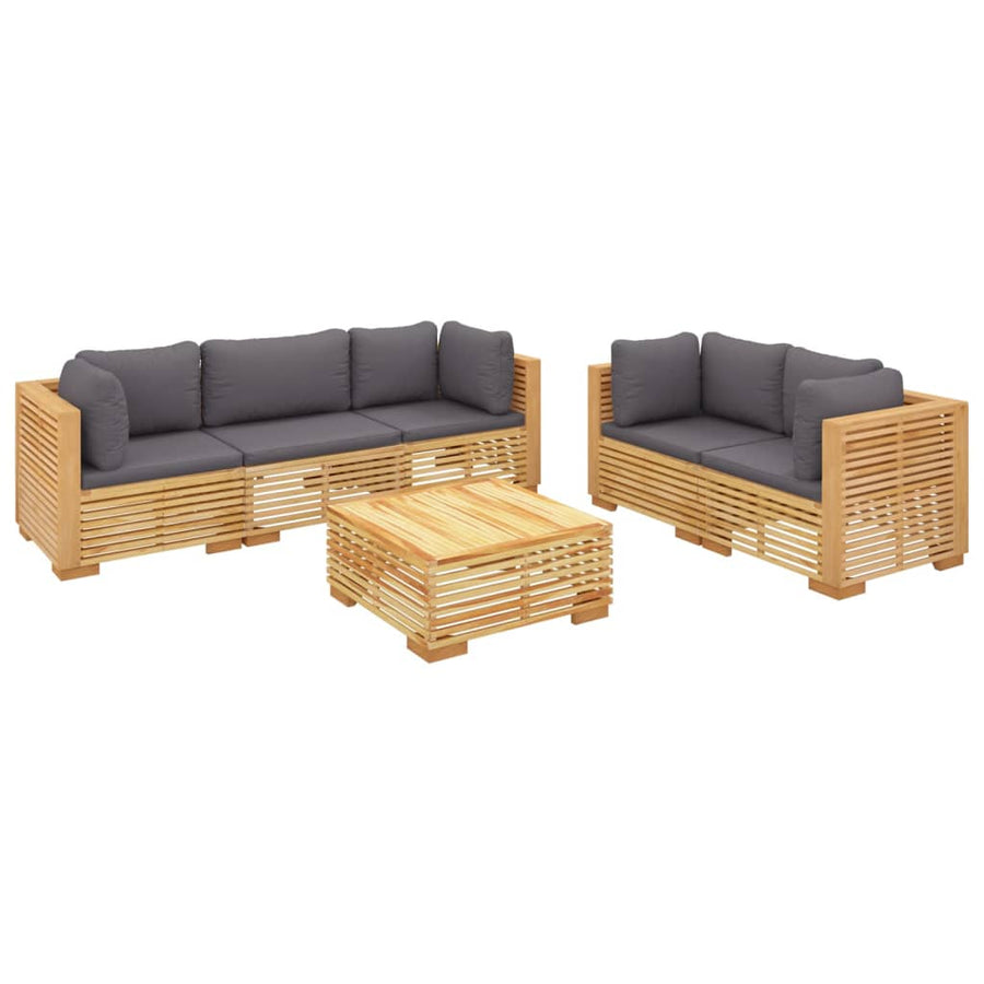 -Delige Loungeset Met Kussens Massief Teakhout 6 Donkergrijs 4x hoek + midden + Tafel