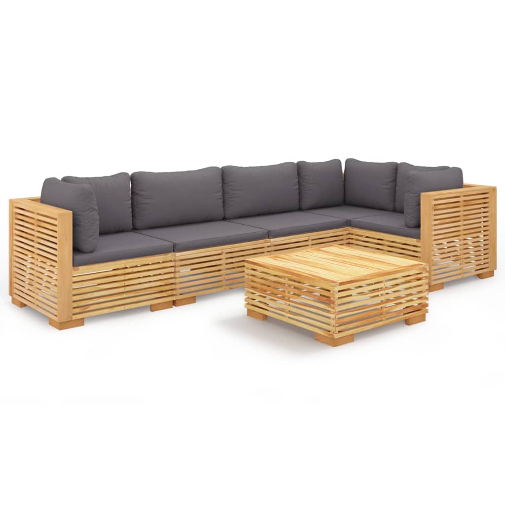 -Delige Loungeset Met Kussens Massief Teakhout 6 Donkergrijs 3x hoek + 2x midden + Tafel