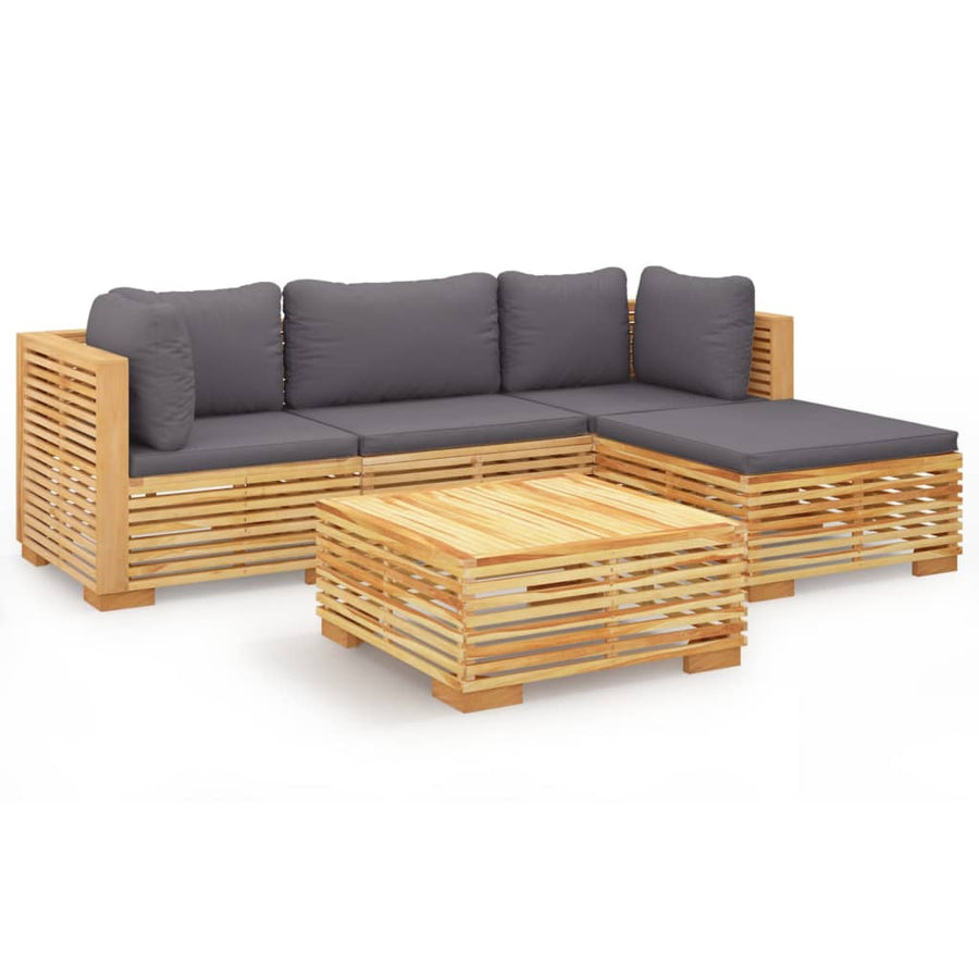 -Delige Loungeset Met Kussens Massief Teakhout 5 Donkergrijs 2x hoek + midden + 2x voetensteun