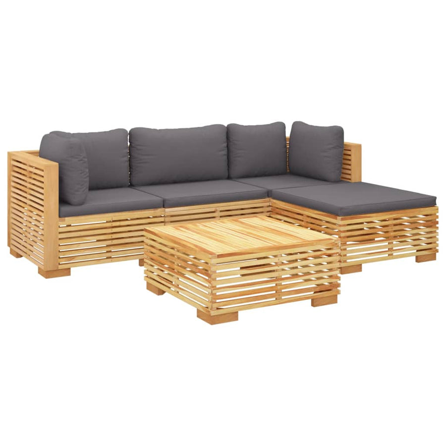 -Delige Loungeset Met Kussens Massief Teakhout 5 Donkergrijs 2x hoek + midden + 2x voetensteun
