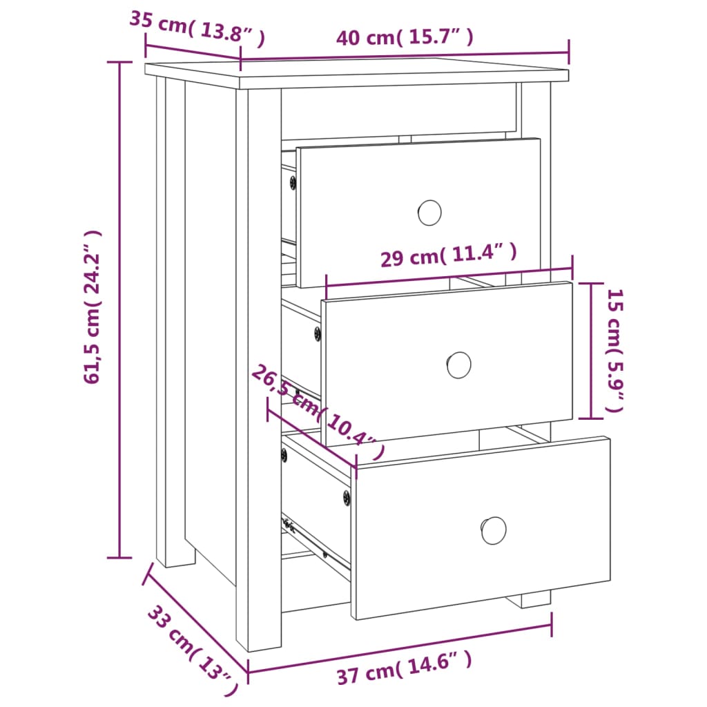 Nachtkastjes 2 St 40X35X61,5 Cm Massief Grenenhout Zwart