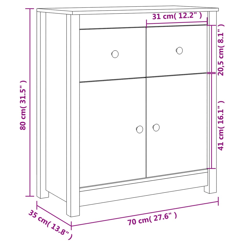 Dressoir 70X35X80 Cm Massief Grenenhout Wit