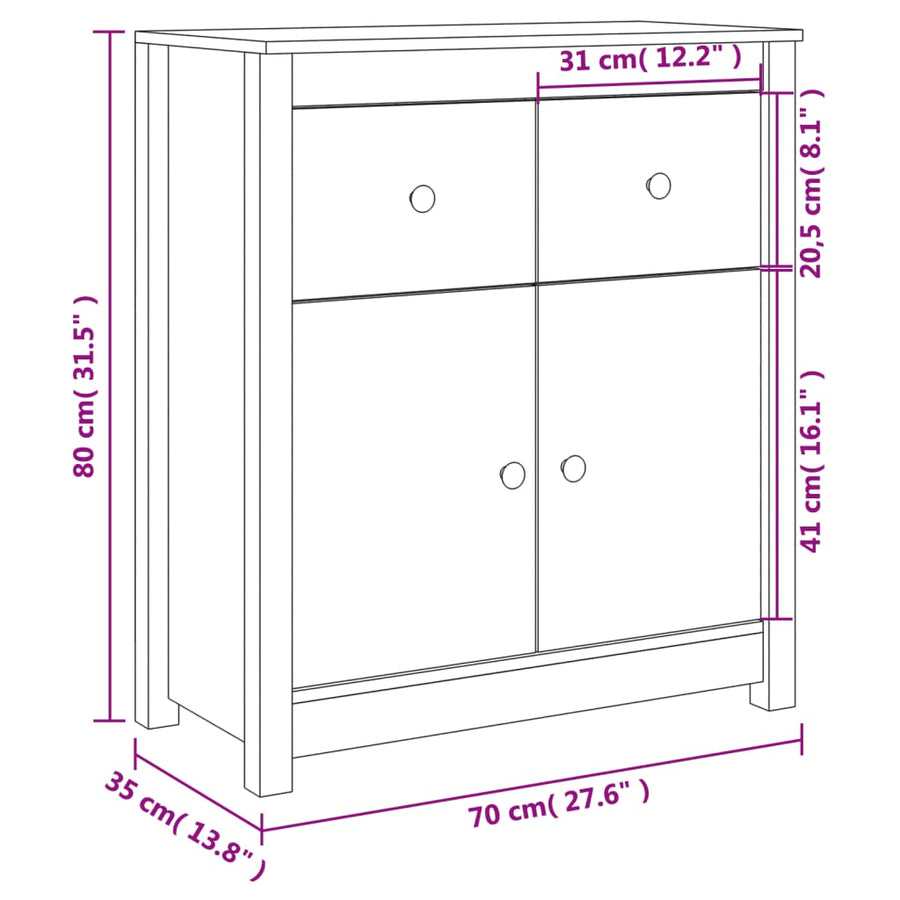 Dressoir 70X35X80 Cm Massief Grenenhout Wit
