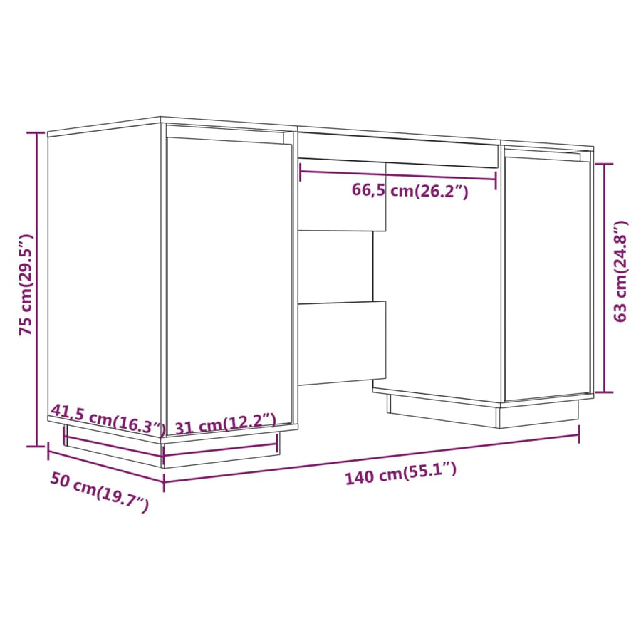 Bureau 140X50X75 Cm Massief Grenenhout Wit