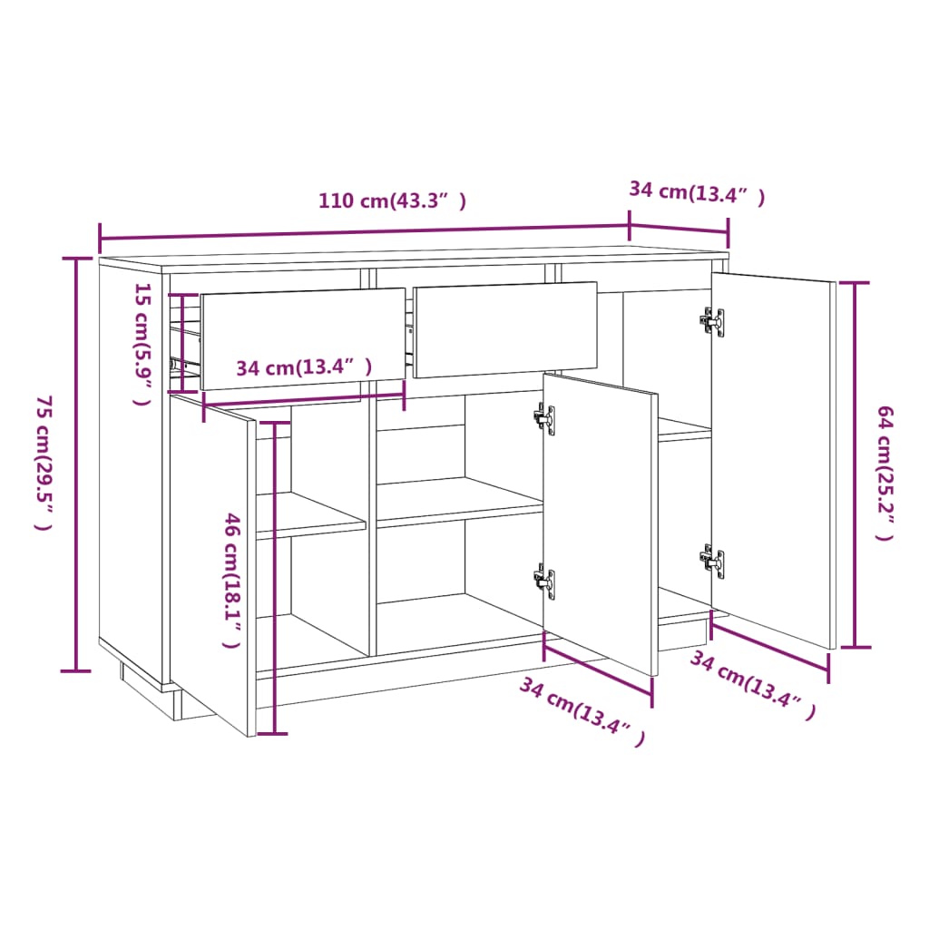 Dressoir 110X34X75 Cm Massief Grenenhout Wit