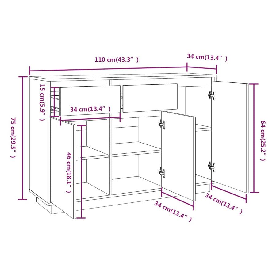 Dressoir 110X34X75 Cm Massief Grenenhout Wit
