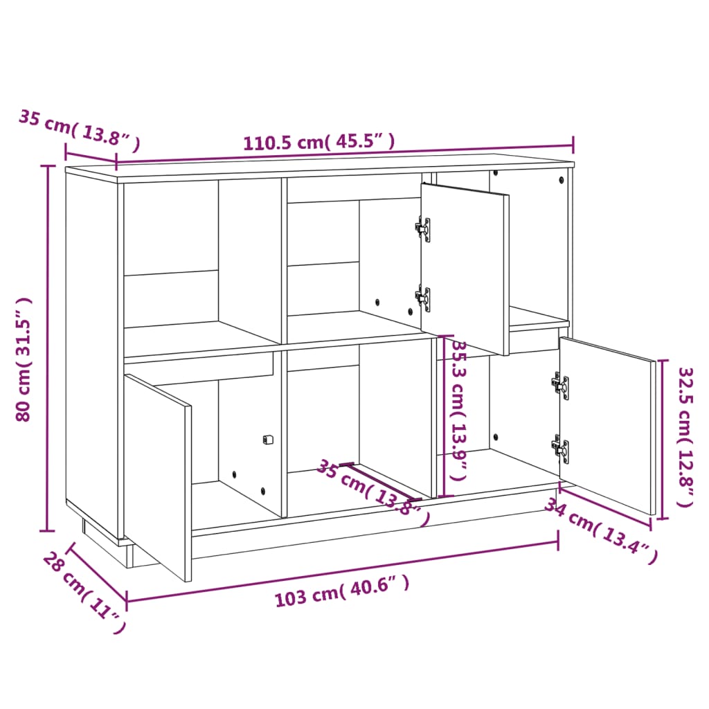 Dressoir 110,5X35X80 Cm Massief Grenenhout Wit