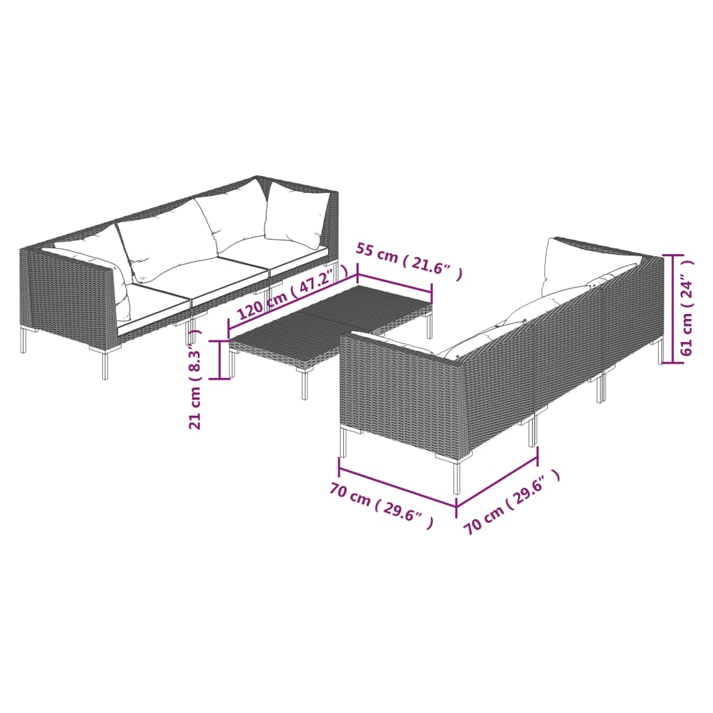 7-delige Loungeset met kussens poly rattan donkergrijs