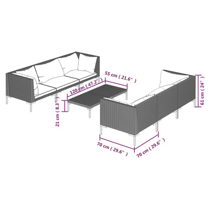 7-delige Loungeset met kussens poly rattan donkergrijs
