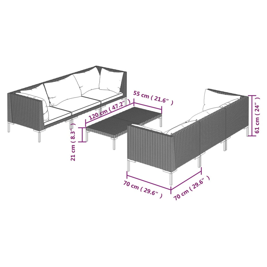 7-delige Loungeset met kussens poly rattan donkergrijs