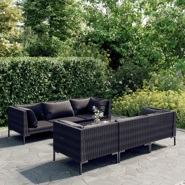 7-Delige Loungeset Met Kussens Poly Rattan Donkergrijs 4x hoek + 2x midden + Tafel