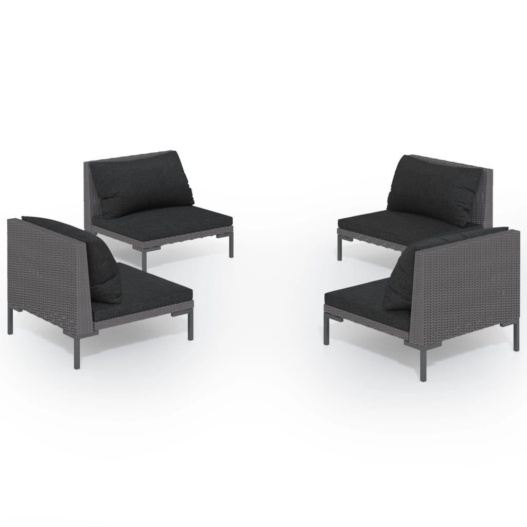 4-Delige Loungeset Met Kussens Poly Rattan Donkergrijs 4x midden