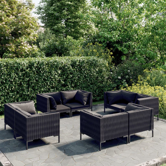 8-Delige Loungeset Met Kussens Poly Rattan Donkergrijs 8x hoek