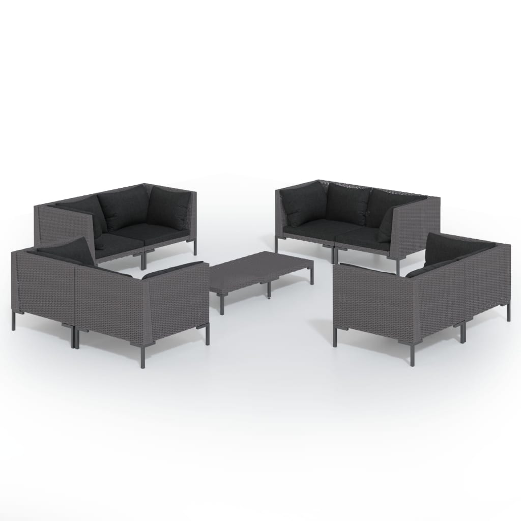 9-delige Loungeset met kussens poly rattan donkergrijs