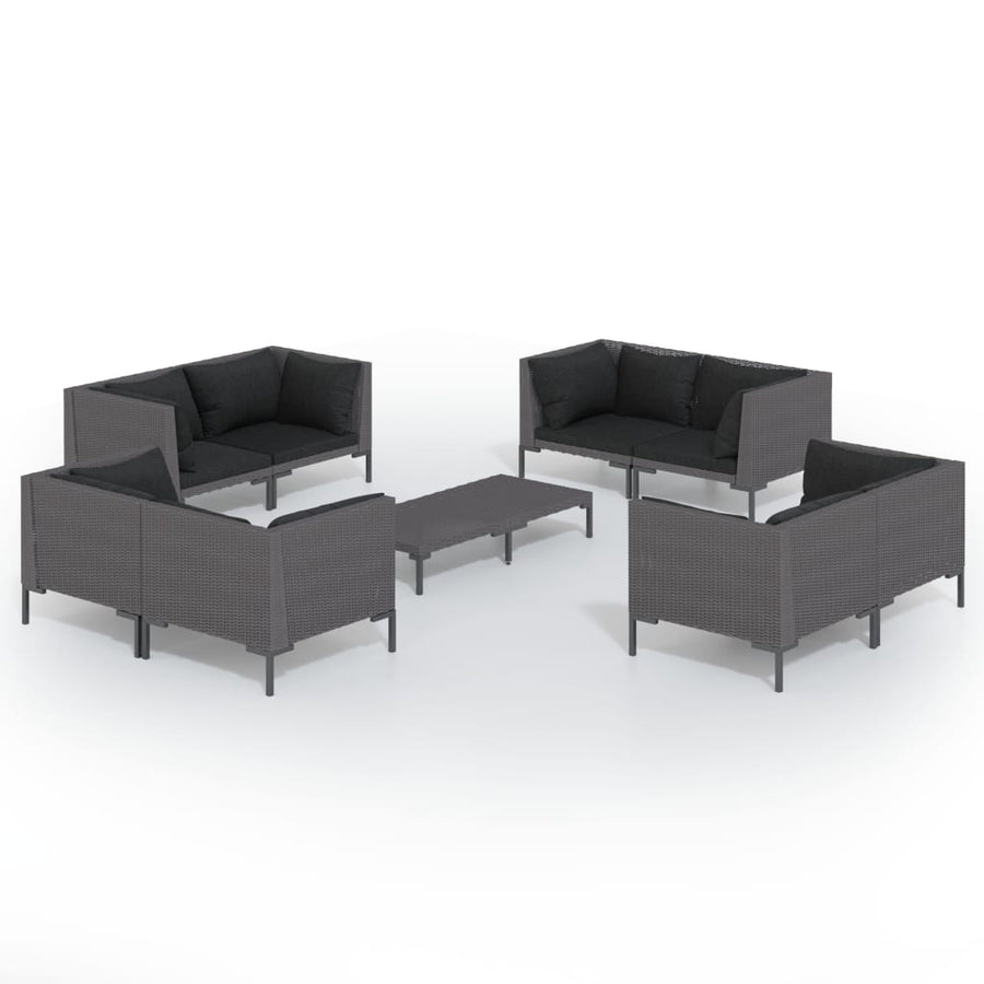 9-delige Loungeset met kussens poly rattan donkergrijs