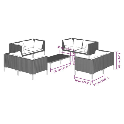 9-delige Loungeset met kussens poly rattan donkergrijs