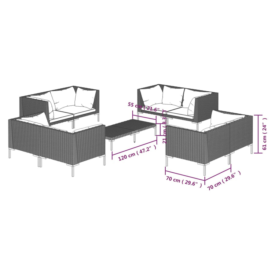 9-delige Loungeset met kussens poly rattan donkergrijs