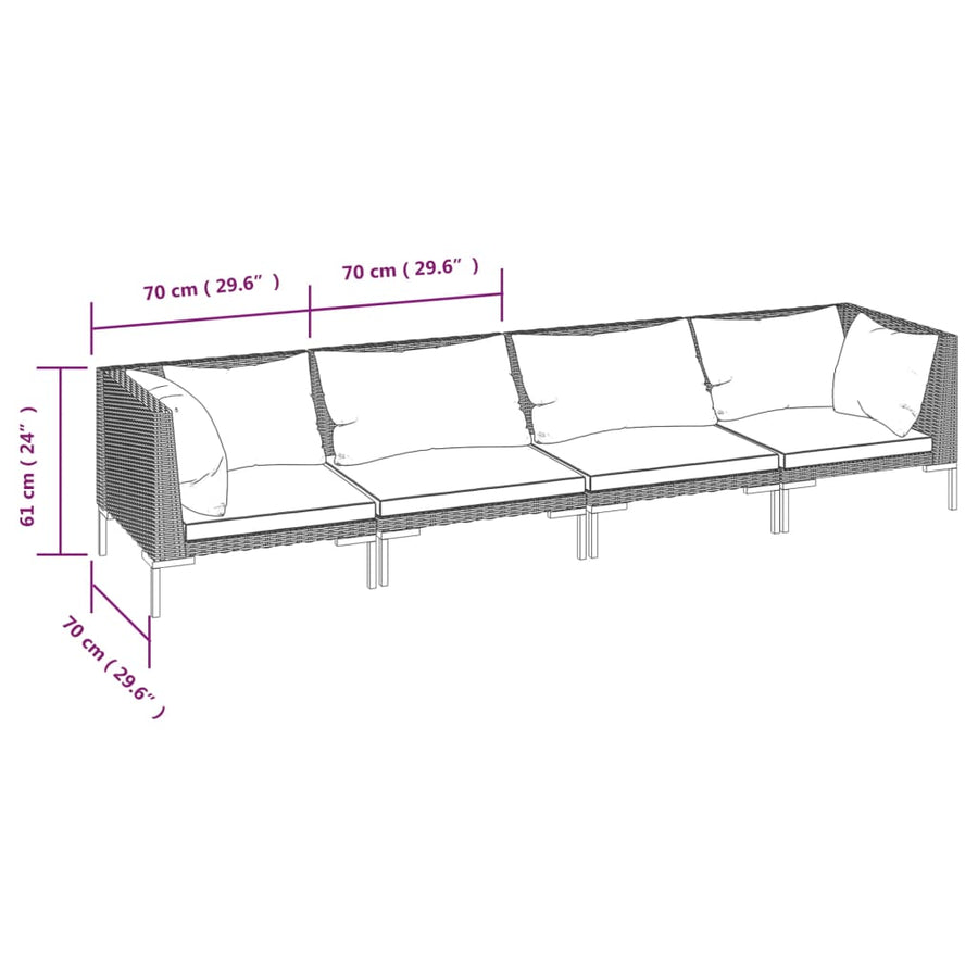 4-delige Loungeset met kussens poly rattan donkergrijs