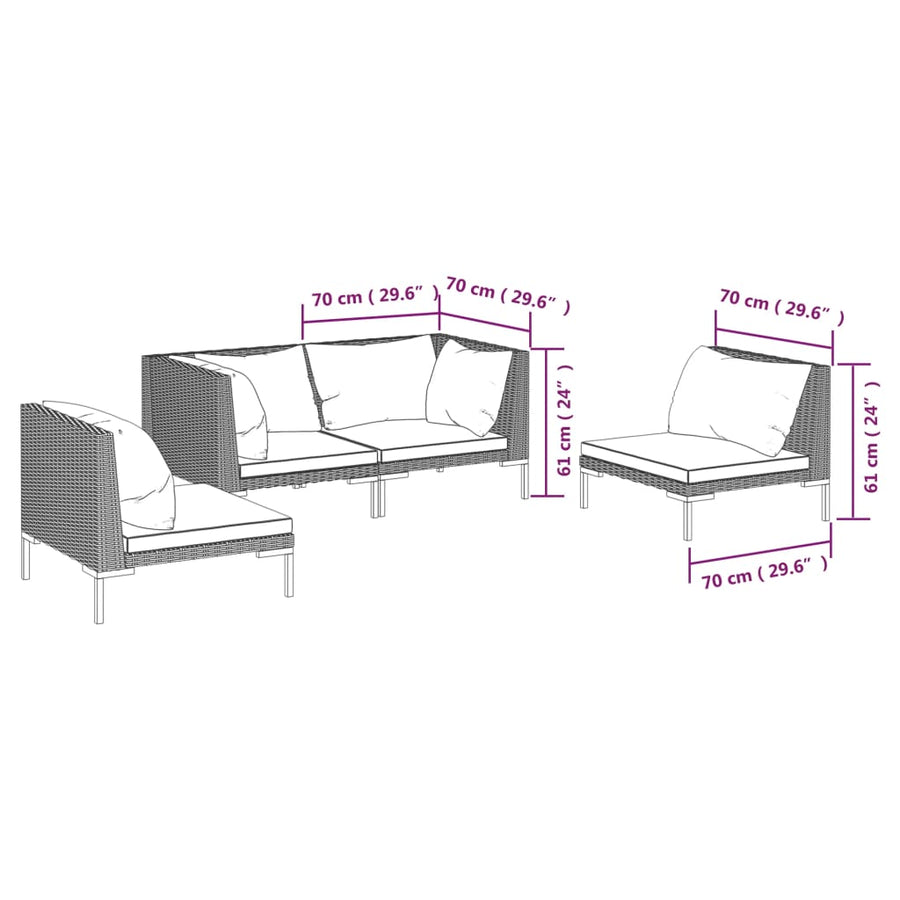 4-delige Loungeset met kussens poly rattan donkergrijs