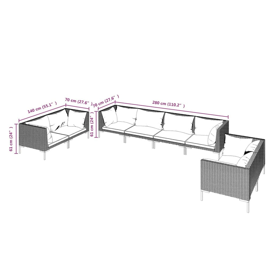 8-delige Loungeset met kussens poly rattan donkergrijs