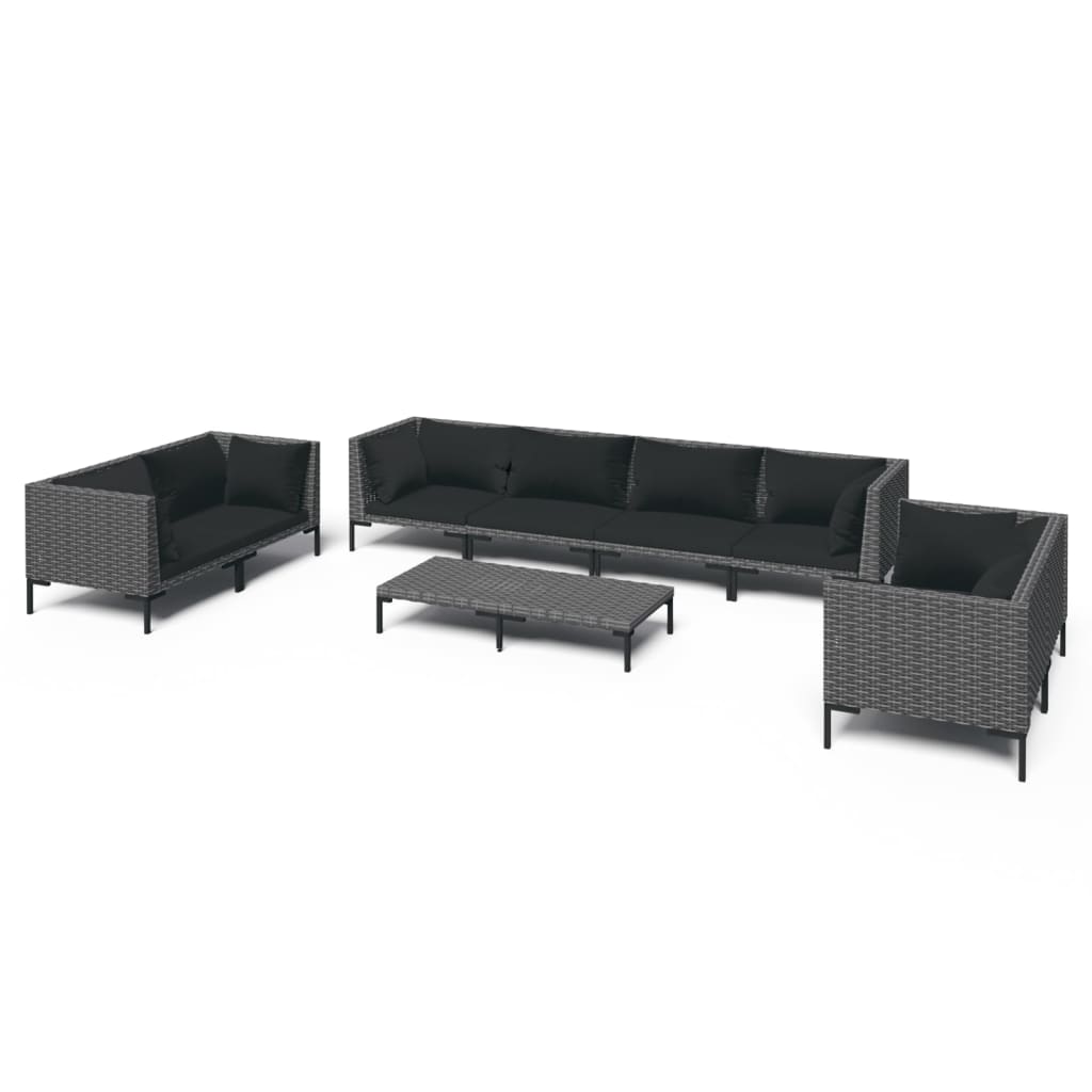 9-delige Loungeset met kussens poly rattan donkergrijs