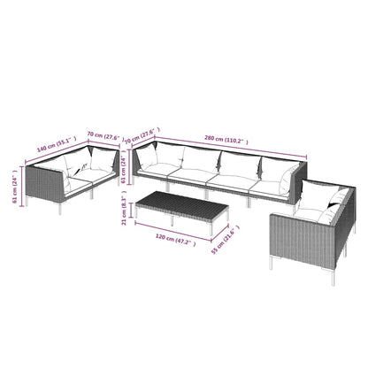 9-delige Loungeset met kussens poly rattan donkergrijs