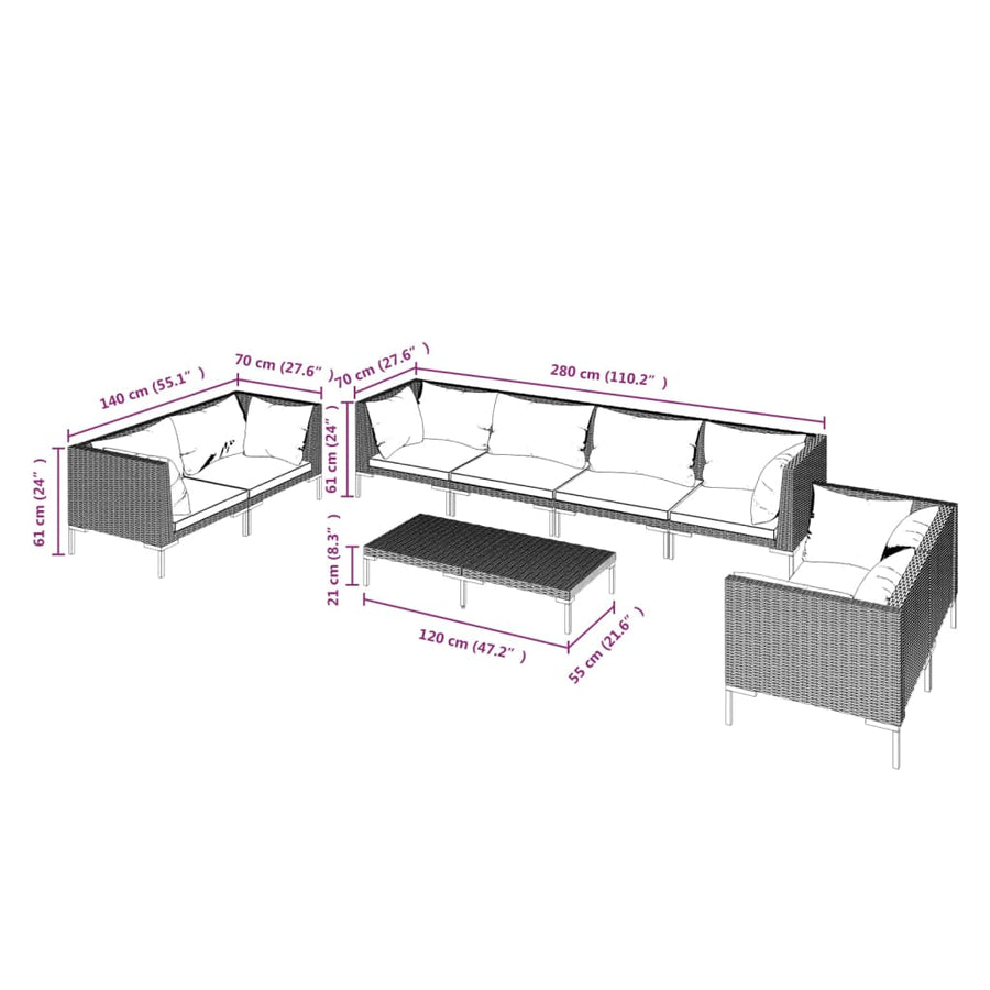 9-delige Loungeset met kussens poly rattan donkergrijs
