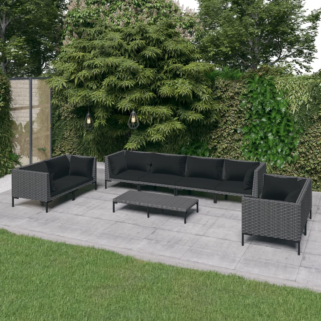 9-delige Loungeset met kussens poly rattan donkergrijs