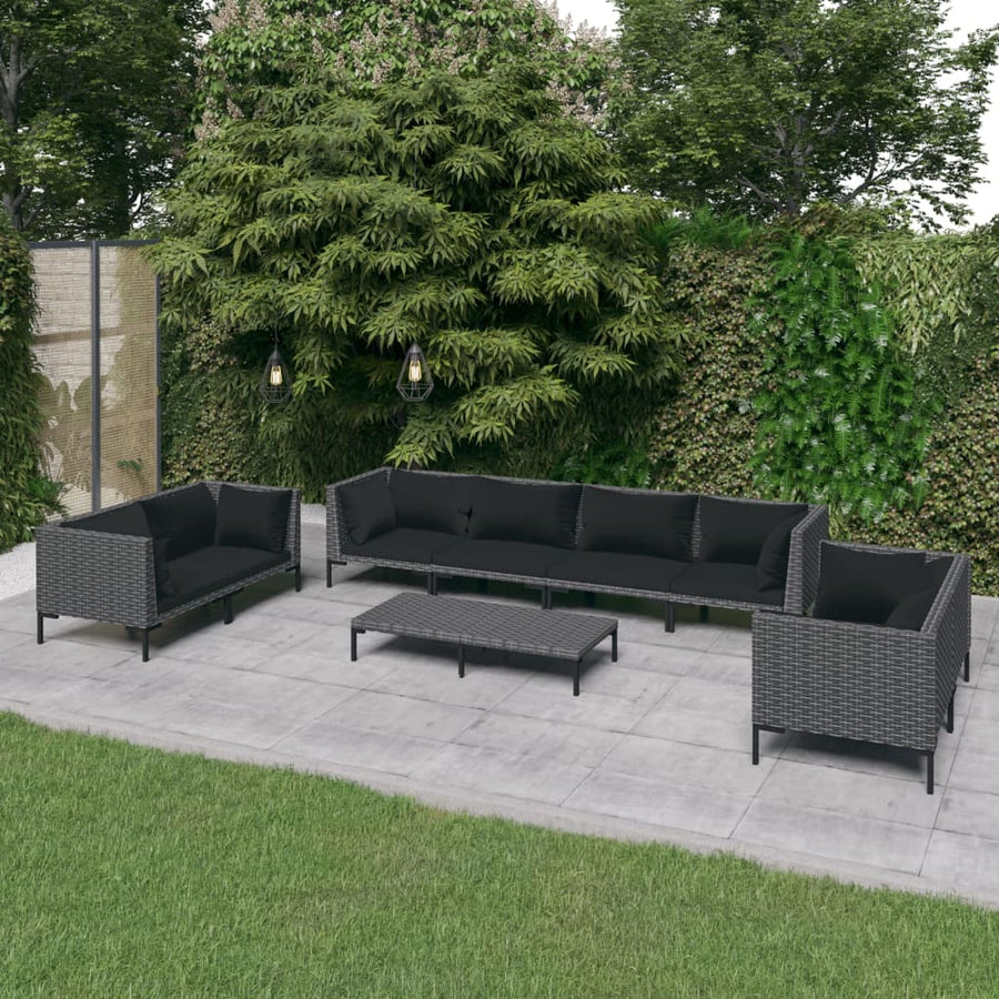 9-delige Loungeset met kussens poly rattan donkergrijs
