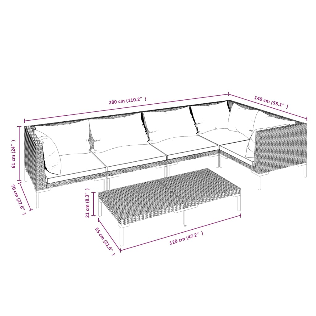 6-delige Loungeset met kussens poly rattan donkergrijs