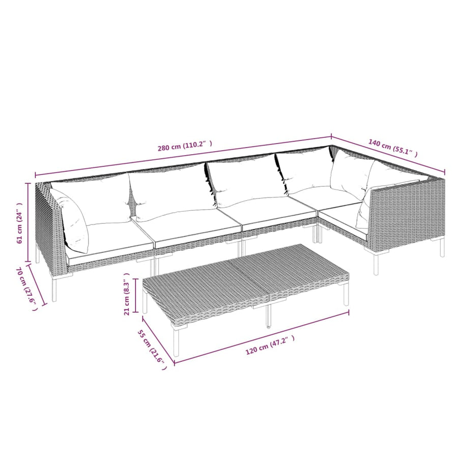 6-delige Loungeset met kussens poly rattan donkergrijs