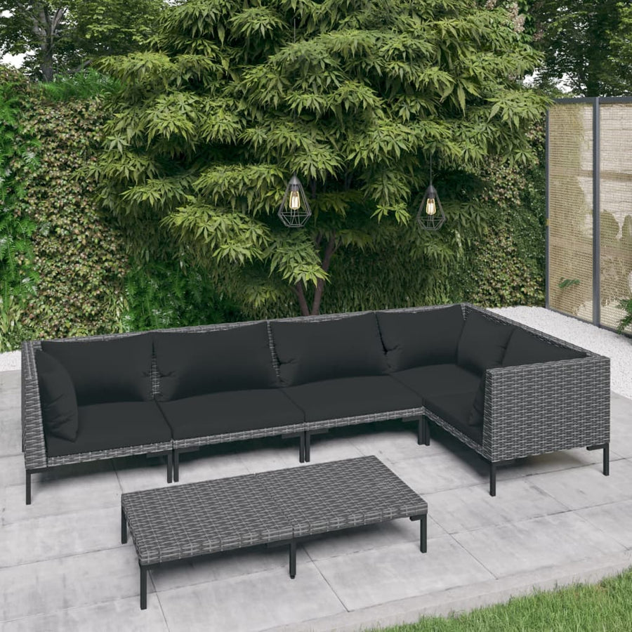 6-delige Loungeset met kussens poly rattan donkergrijs