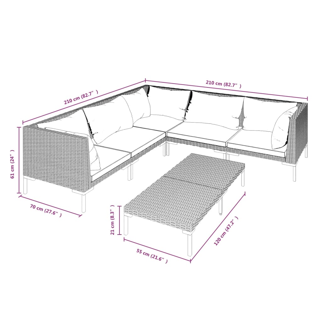 6-delige Loungeset met kussens poly rattan donkergrijs