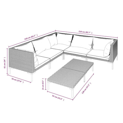 6-delige Loungeset met kussens poly rattan donkergrijs