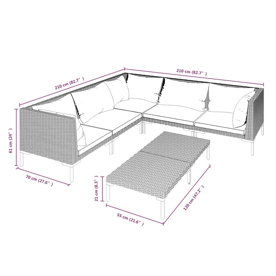 6-delige Loungeset met kussens poly rattan donkergrijs