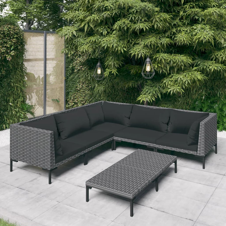 6-delige Loungeset met kussens poly rattan donkergrijs