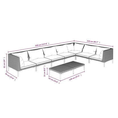 8-delige Loungeset met kussens poly rattan donkergrijs