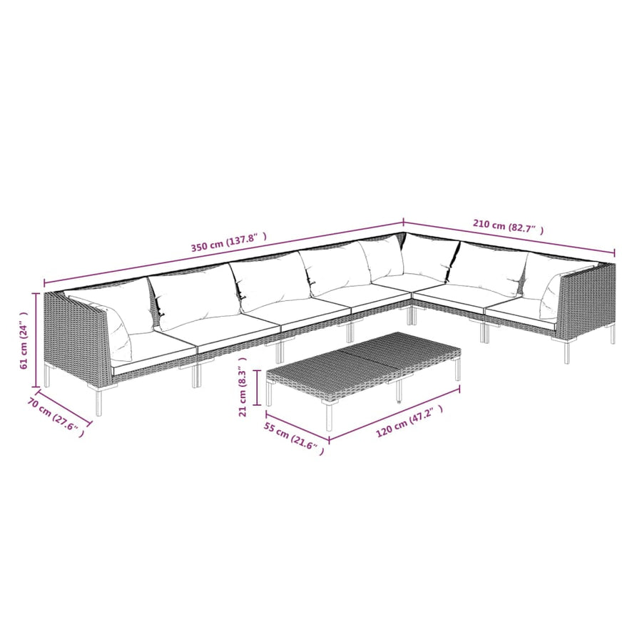 8-delige Loungeset met kussens poly rattan donkergrijs