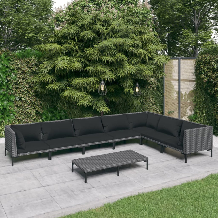 8-delige Loungeset met kussens poly rattan donkergrijs