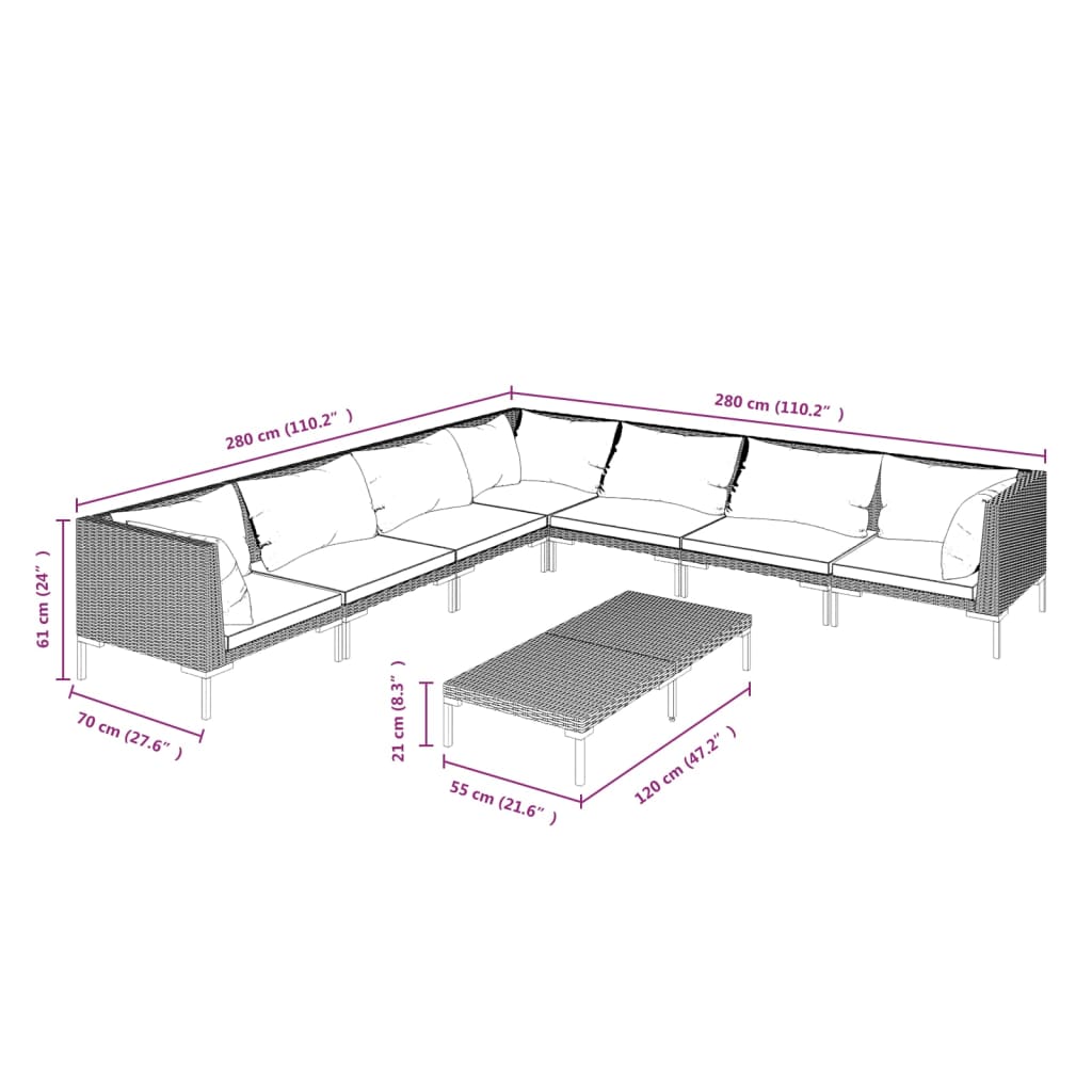 8-delige Loungeset met kussens poly rattan donkergrijs