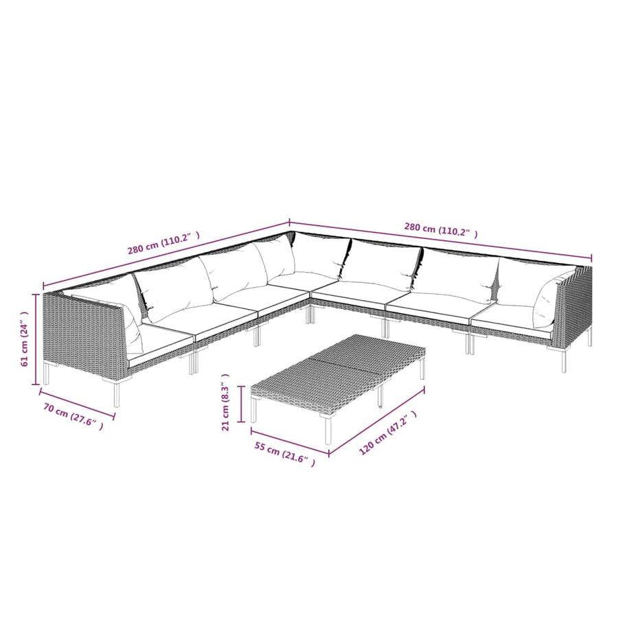 8-delige Loungeset met kussens poly rattan donkergrijs