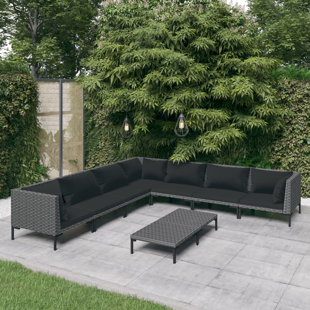 8-delige Loungeset met kussens poly rattan donkergrijs
