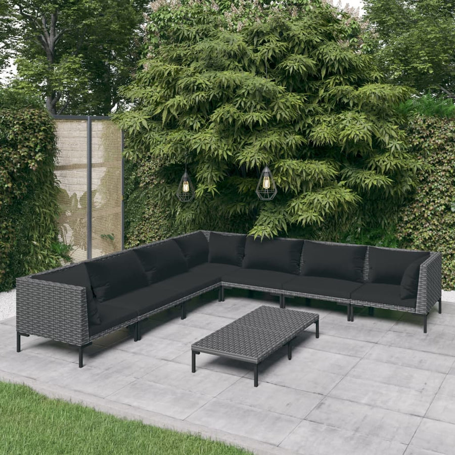 8-delige Loungeset met kussens poly rattan donkergrijs
