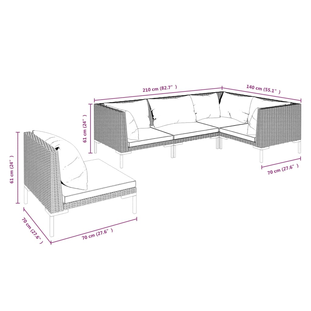 5-delige Loungeset met kussens poly rattan donkergrijs