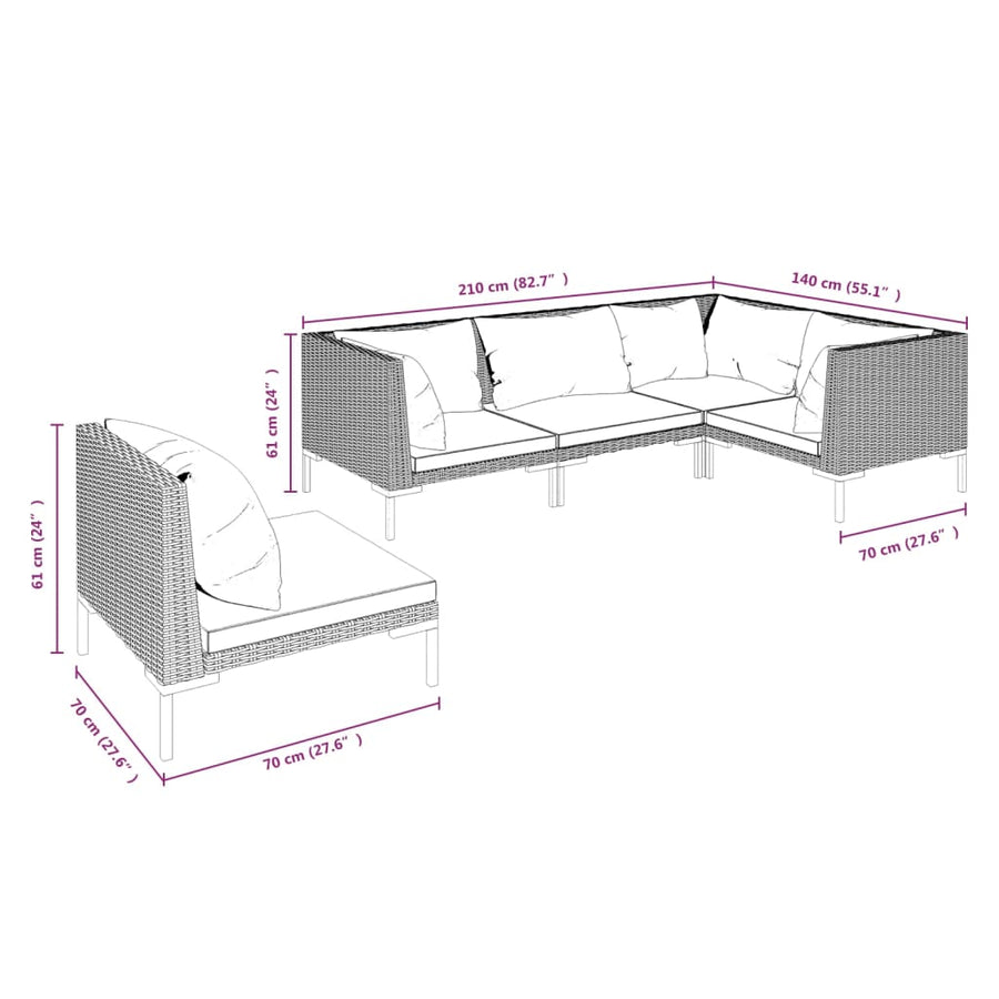 5-delige Loungeset met kussens poly rattan donkergrijs