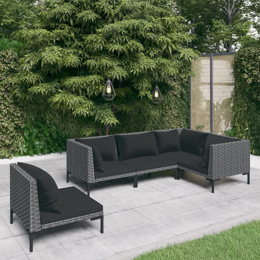 5-delige Loungeset met kussens poly rattan donkergrijs