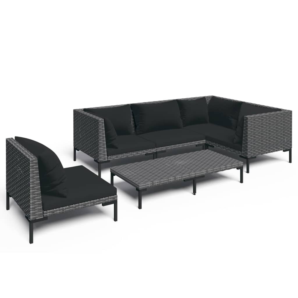 6-delige Loungeset met kussens poly rattan donkergrijs